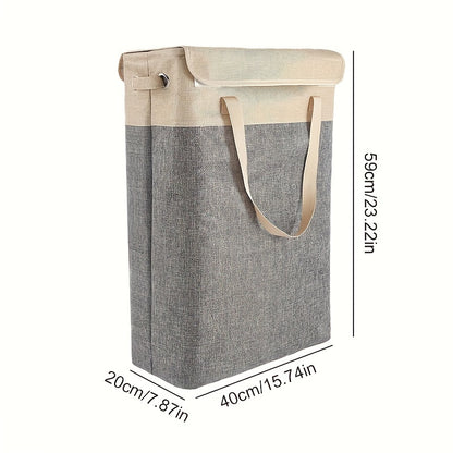 Tall, slim laundry hamper with lid and handles for bathroom, bedroom, or dorm organization. Made of waterproof linen fabric.