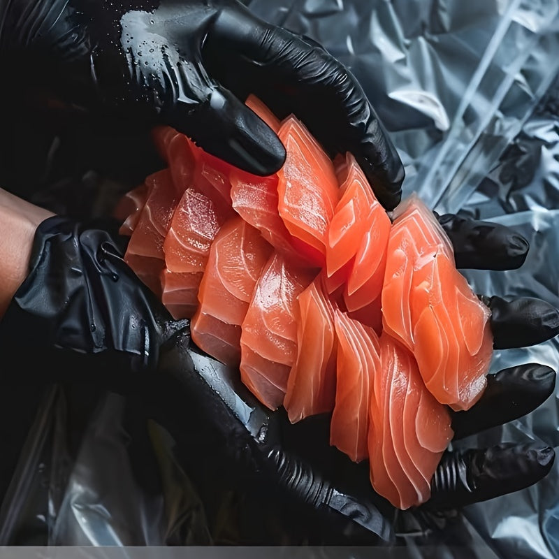 These black nitrile gloves are FDA compliant and safe for food handling. They are ambidextrous, waterproof, and free of powder and latex. These disposable gloves are thick and perfect for use in cooking, catering, baking, kitchen, and car maintenance.