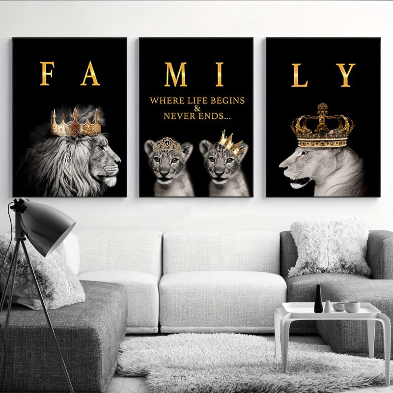 Modern abstract lion family canvas painting, 3 pieces, 15.7*23.6in/40cm*60cm, motivational quotes, frameless, for living room decor.