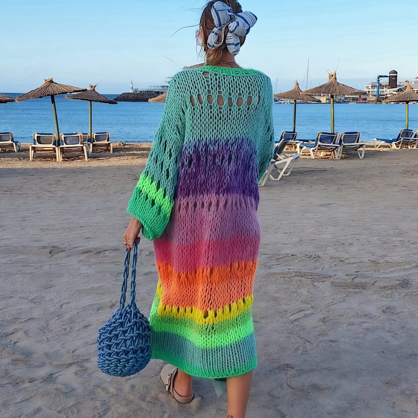 Colorful hand-knitted women's coat with gradient bright colors, retro lantern sleeves, and ribbon details. Chic and fashionable boho style.