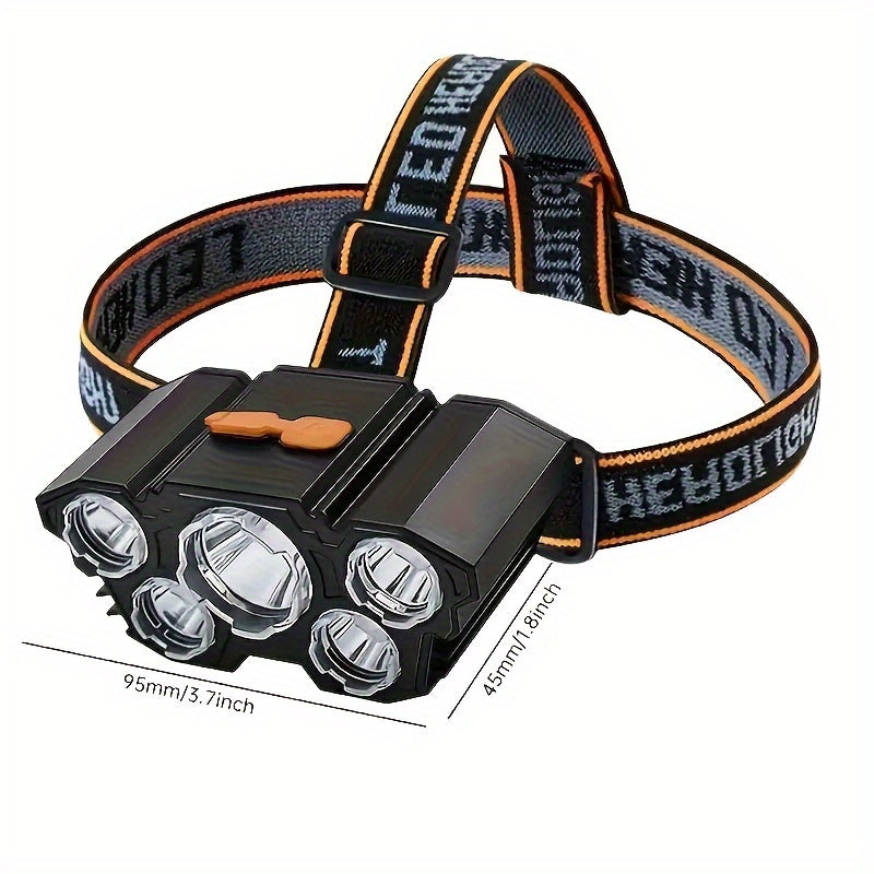 5LED rechargeable headlamp with USB fast charging, versatile lighting modes, portable for outdoor activities like work, fishing, camping. Includes USB cable, non-waterproof, 400-1000mAh