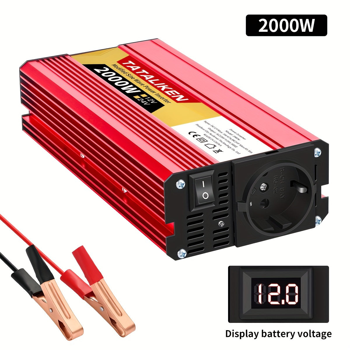 High-power 12V to 220V car inverter with 2500W-600W capacity, ideal for charging phones and tablets.