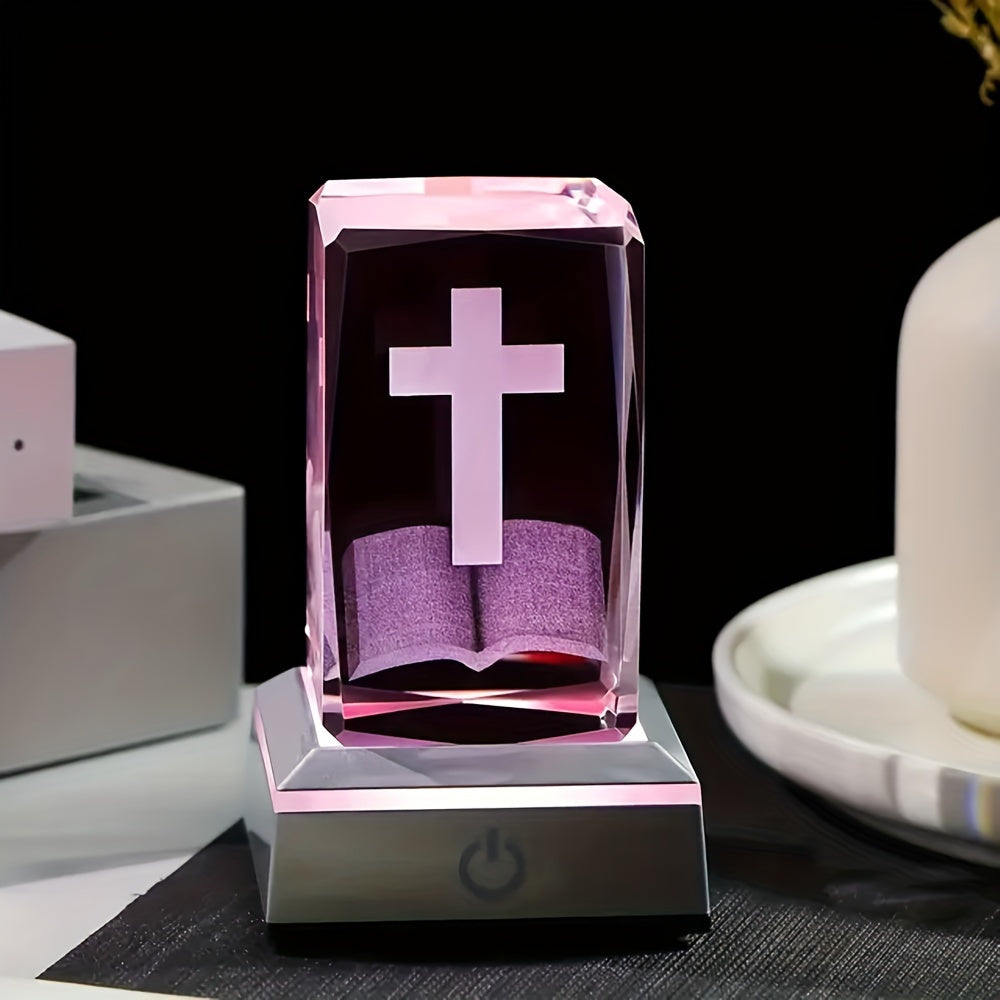 3D Cross Bible Crystal LED night light, ideal for Christian home decoration and gifts for women and men.