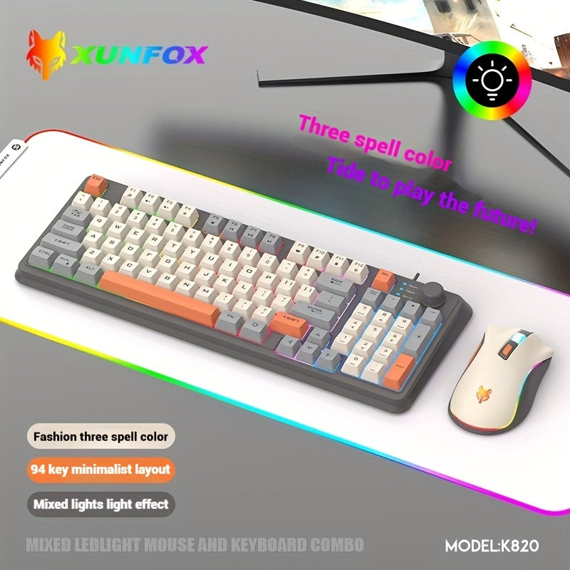 1pc XUNFOX 94-Key Mechanical Gaming Keyboard and Mouse Combo, USB Wired, Lightweight, RGB Backlit, Smart Knob, Ideal for Gamers.