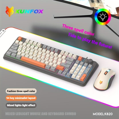 1pc XUNFOX 94-Key Mechanical Gaming Keyboard and Mouse Combo, USB Wired, Lightweight, RGB Backlit, Smart Knob, Ideal for Gamers.