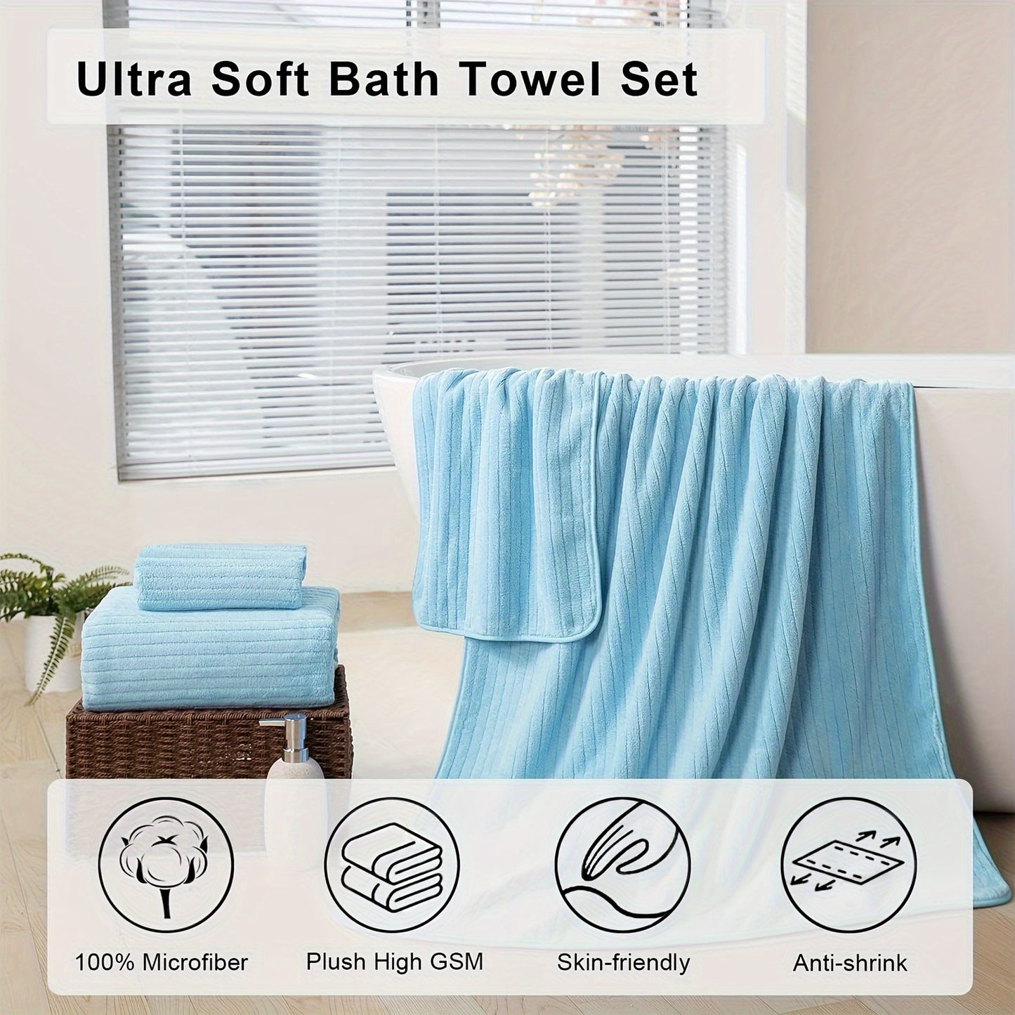 Microfiber towel set includes 2 bath sheets and 6 bath towels in gray, pink, and blue stripes. Quick-drying and highly absorbent for shower, beach, spa, and gym use.