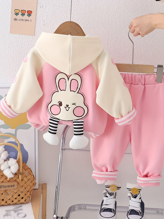 Pink Bunny Hoodie & Pants Set for Girls - Soft Cotton Blend, Cartoon Rabbit Design, Machine Washable - Ideal for Spring/Fall, Comfortable Youngsters Clothing.