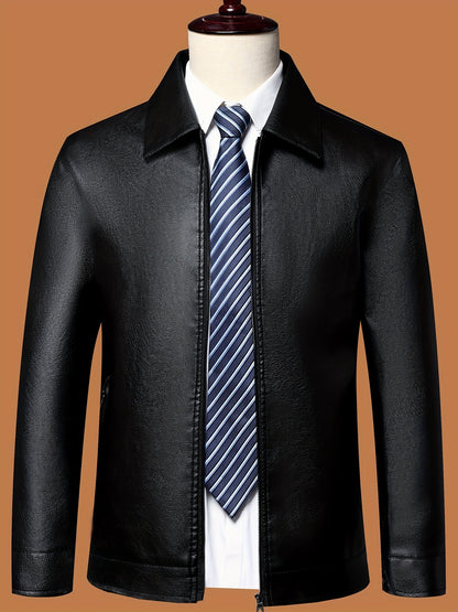 Men's solid color casual jacket with long sleeves, zipper closure, polyester lining, loose fit, lapel collar, and woven fabric.