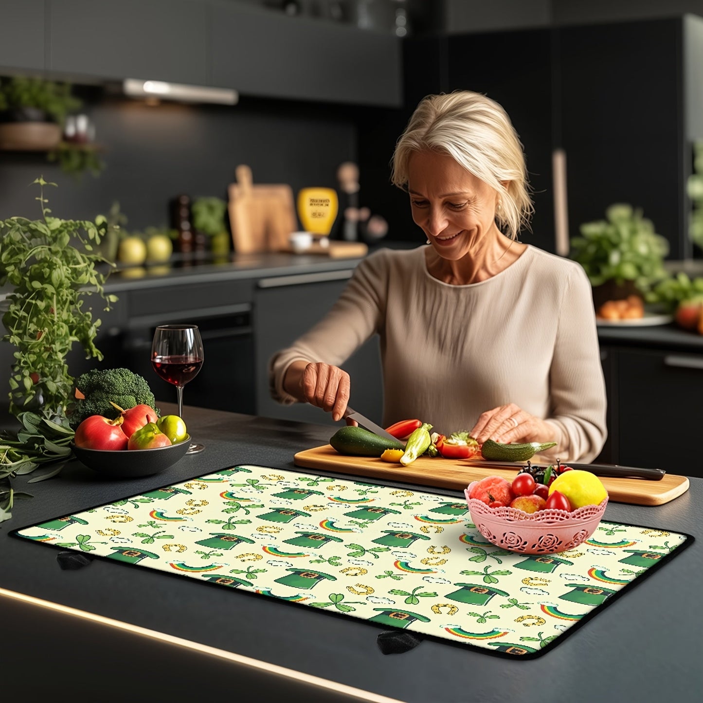 Heat-resistant non-slip stove cover featuring a St. Patrick's Day clover and green hat design. This glass ceramic protector includes a rubber guard and scratch-proof coffee mat, perfect for protecting your kitchen countertop space. It can also be used as