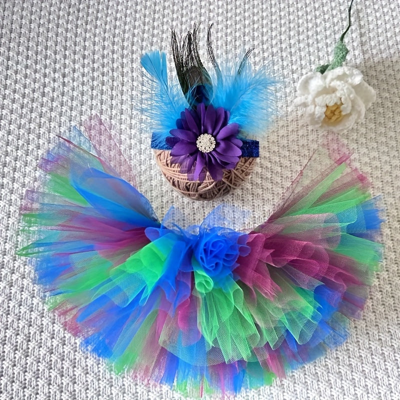 Set of infant ballet tutu skirt and feather headband, featuring colorful tulle. Perfect for newborn photo shoots, girls' birthday ballet costumes, and baby gift sets. Comes in mixed colors.