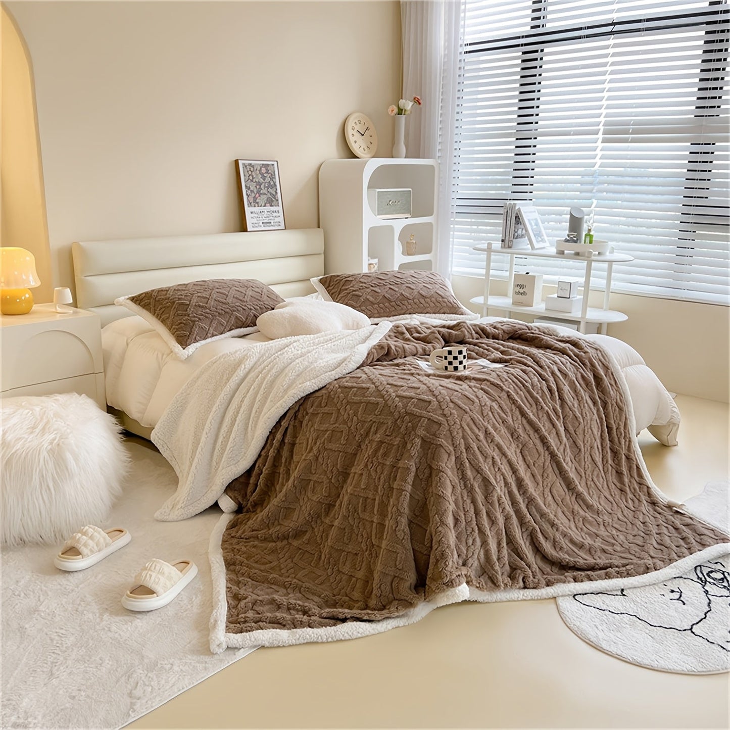 Soft cable-knit fleece blanket in blue, available in 150x200cm or 200x230cm sizes. Featuring a contemporary style, this blanket is machine washable and perfect for use in the bedroom, living room, office, or while camping during the winter. Made with a