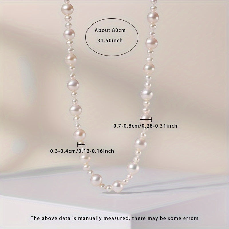 Beautiful Freshwater Pearl Necklace designed for women, featuring lustrous natural pearls with slight imperfections measuring 3-4mm/7-8mm. The necklace is accompanied by an S925 silver sweater chain and comes in a gift box. Ideal for everyday wear or as