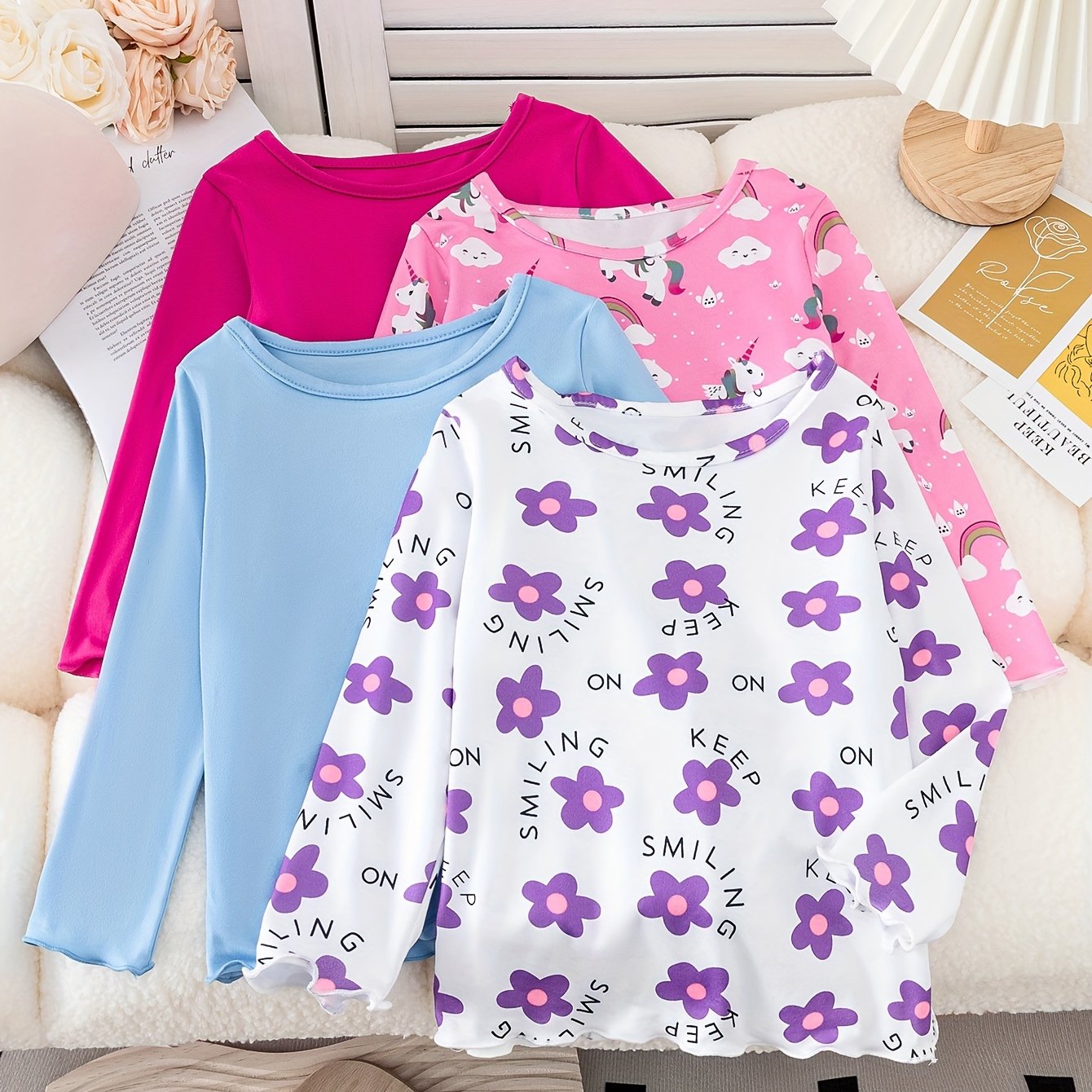 4-piece set of girls' long sleeve t-shirts with solid colors or allover flower patterns, perfect for spring and fall street wear.