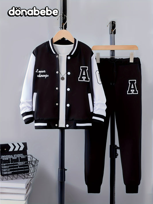 Boy's Letter Print Varsity Jacket Outfit, including bomber jacket and pants set, ideal for fall and winter wear, perfect as a gift.