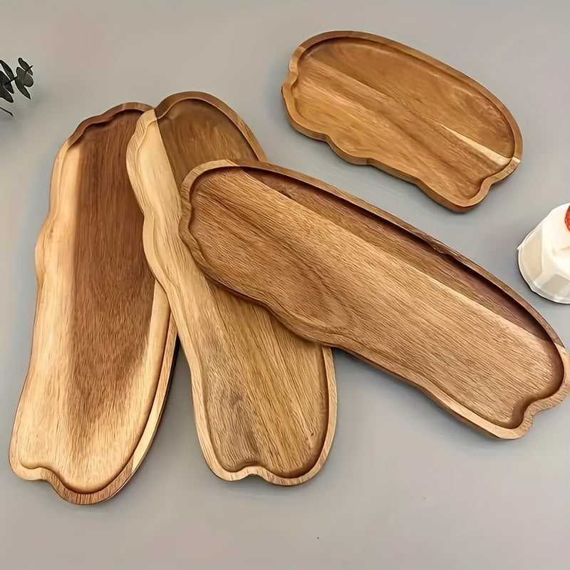 Acacia wood serving tray with smooth polished surface, irregular shape. Ideal for cheese, bread, fruits, and vegetables. Perfect for kitchen, restaurant, café, weddings, and holiday decor. Unique shape and wooden texture.