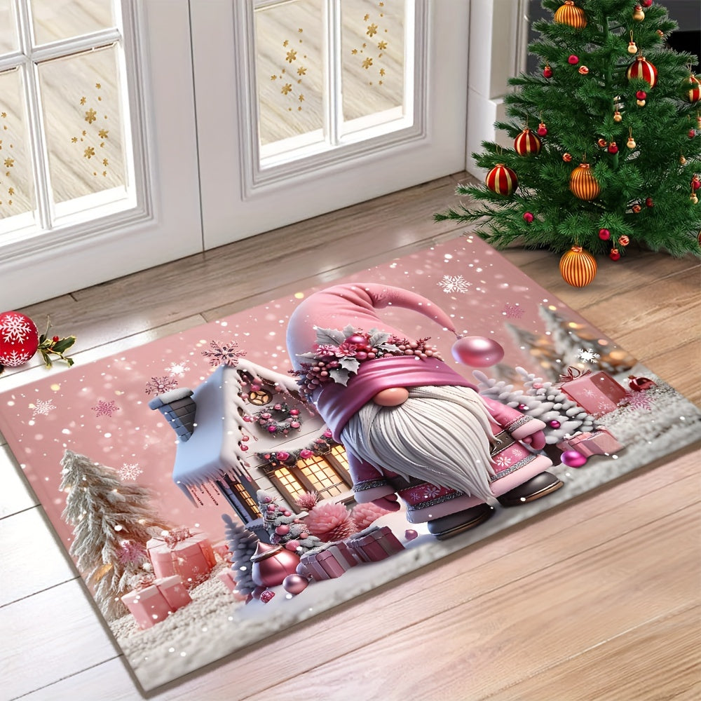 Welcome guests to your holiday home with the charming Pink Christmas Gnome Doormat! This 6mm thick mat is non-slip and machine washable, making it perfect for adding a festive touch to your decor. Ideal for holiday, gnome, and Christmas decorations.