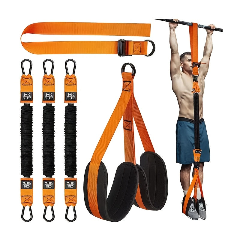 Set of 5 heavy-duty latex pull-up assist bands with adjustable resistance and knee/foot support. Capacity of 102.06KG for strength training.