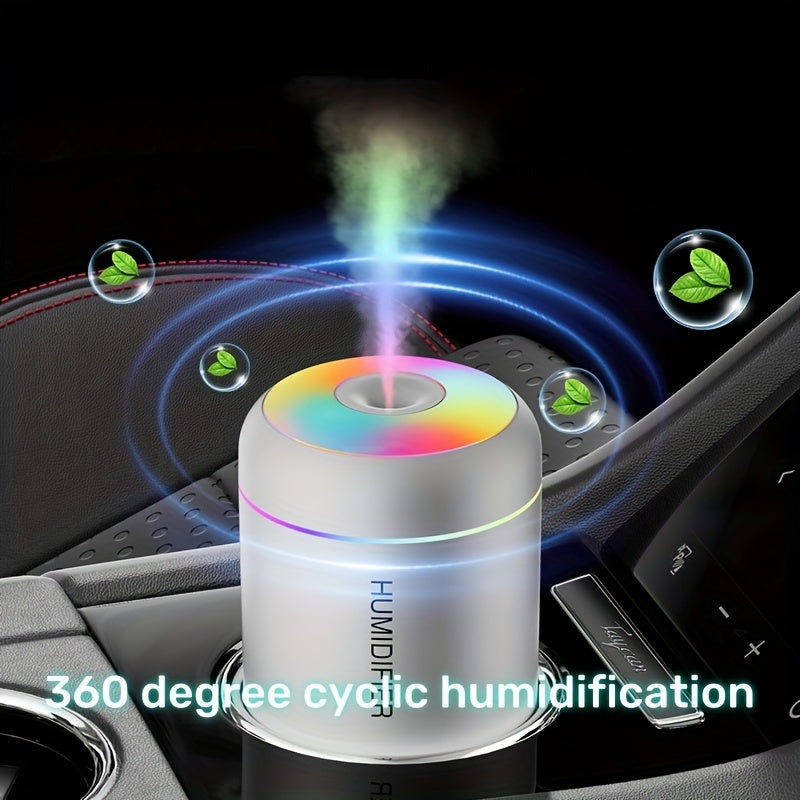 Compact USB-powered humidifier with 7-color LED lights, ideal for women to use in bedroom, car, home, and dorm.