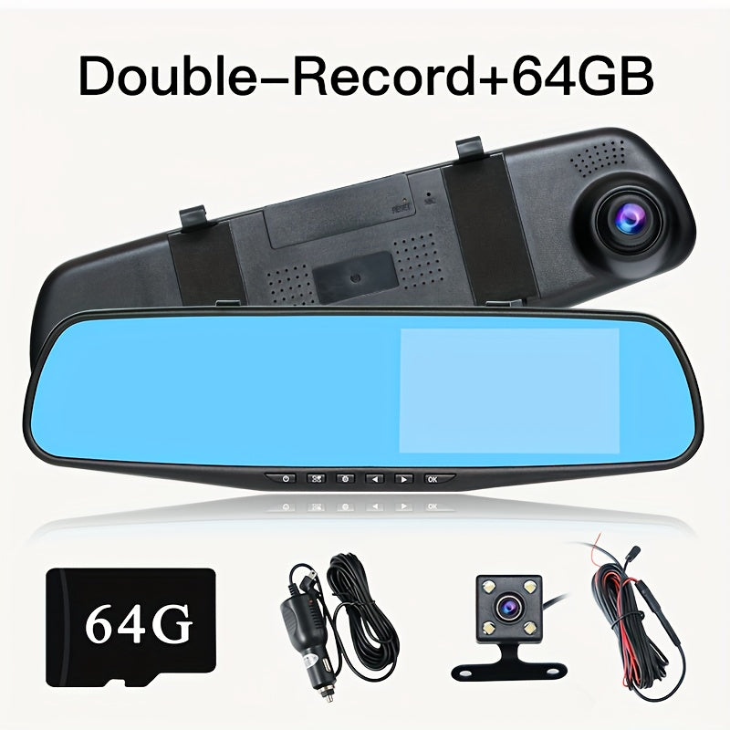 1080P HD dash cam, orqa tasvir, old va orqa ikki video, tungi ko'rinish, to'xtash monitoringi, avtomatik aylanish, 64GB TF xotira kartasi bilan. Barcha transport vositalari modellari bilan mos keladi.