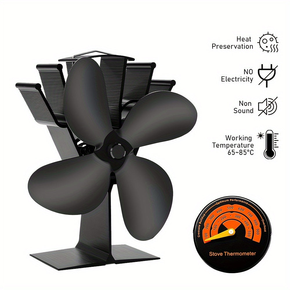 Efficiently Circulate Heat with this 4-Blade Portable Fireplace Fan featuring a Thermometer. No Electricity Required, making it the perfect eco-friendly option for Traditional Firewood, Gas, and Particle Fireplaces. This Metal Table Fan is Quiet and