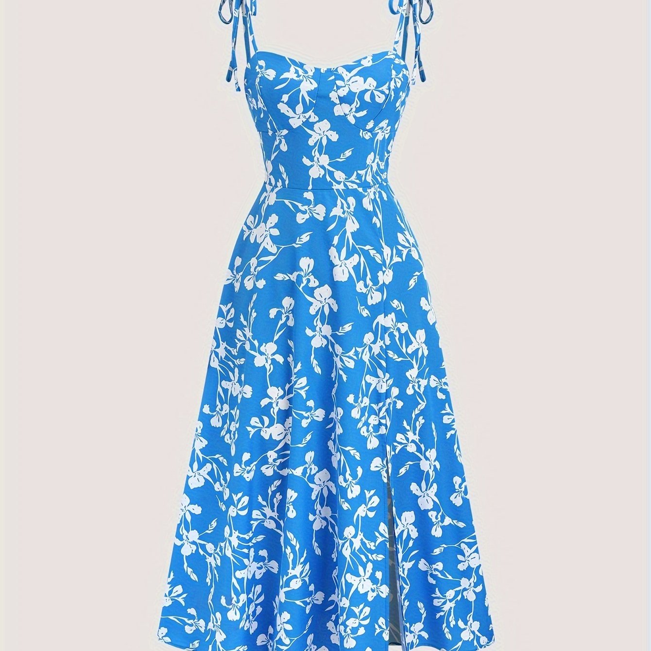 Y2K Blue Floral Midi Dress for Women - Off-shoulder design, tie straps, A-line silhouette, polyester, machine washable - Ideal for summer.