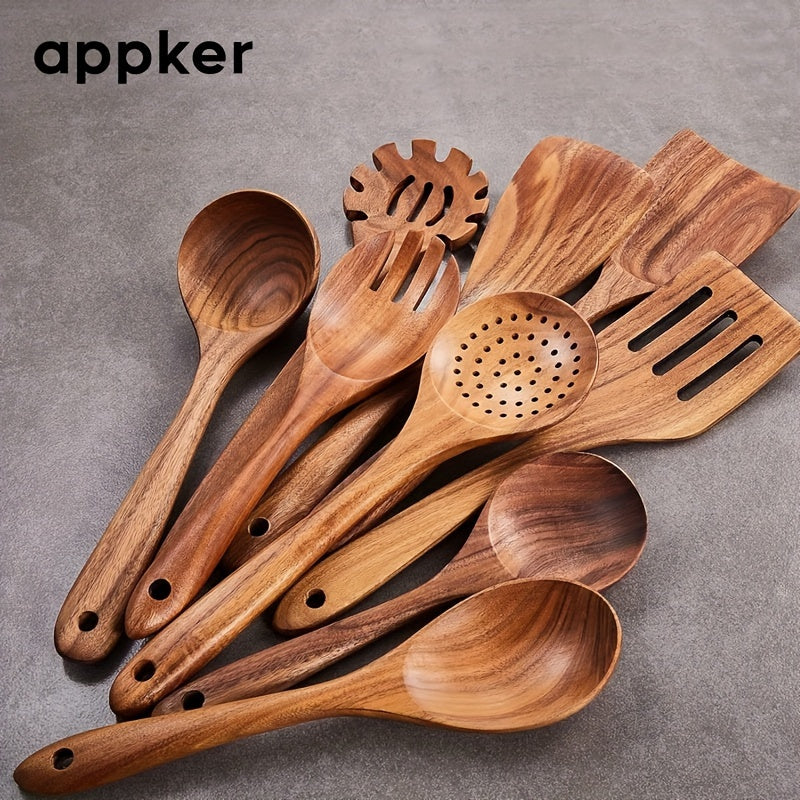 Set of 9 Acacia Wood Kitchen Utensils - Includes Cooking Spoons, Spatulas, Noodle & Fish Fryers - Made from Natural Wood, Food-Safe, Non-Stick, and Durable Cookware for All Ingredients