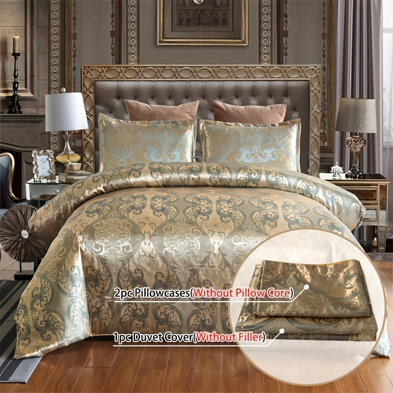 3-piece European-style satin jacquard quilt cover set with one quilt cover, a pair of pillowcases, and no inner core.