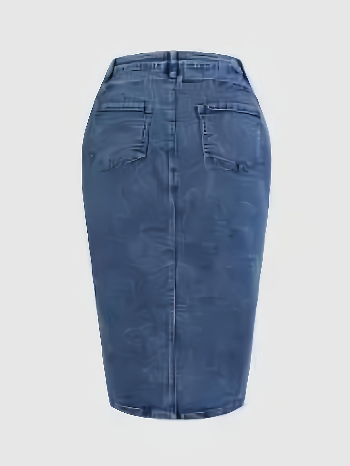 Women's washed blue denim skirt with front buttons, side slit, and casual stretch denim. Ideal for autumn casual outfits.