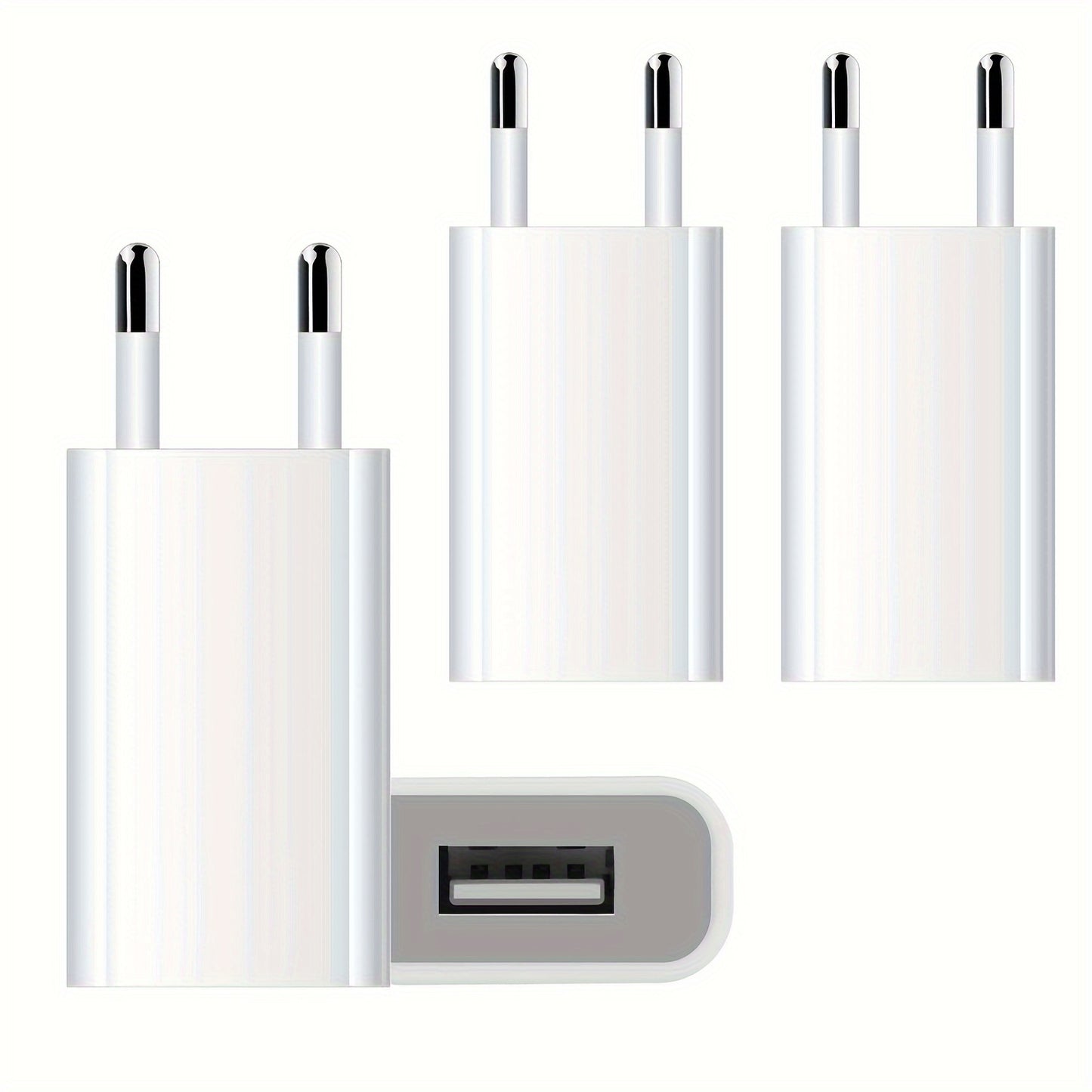 Four 5V 1A USB chargers with universal plug, suitable for mobile phones, MP3 players, e-books, and smartphones. White color.