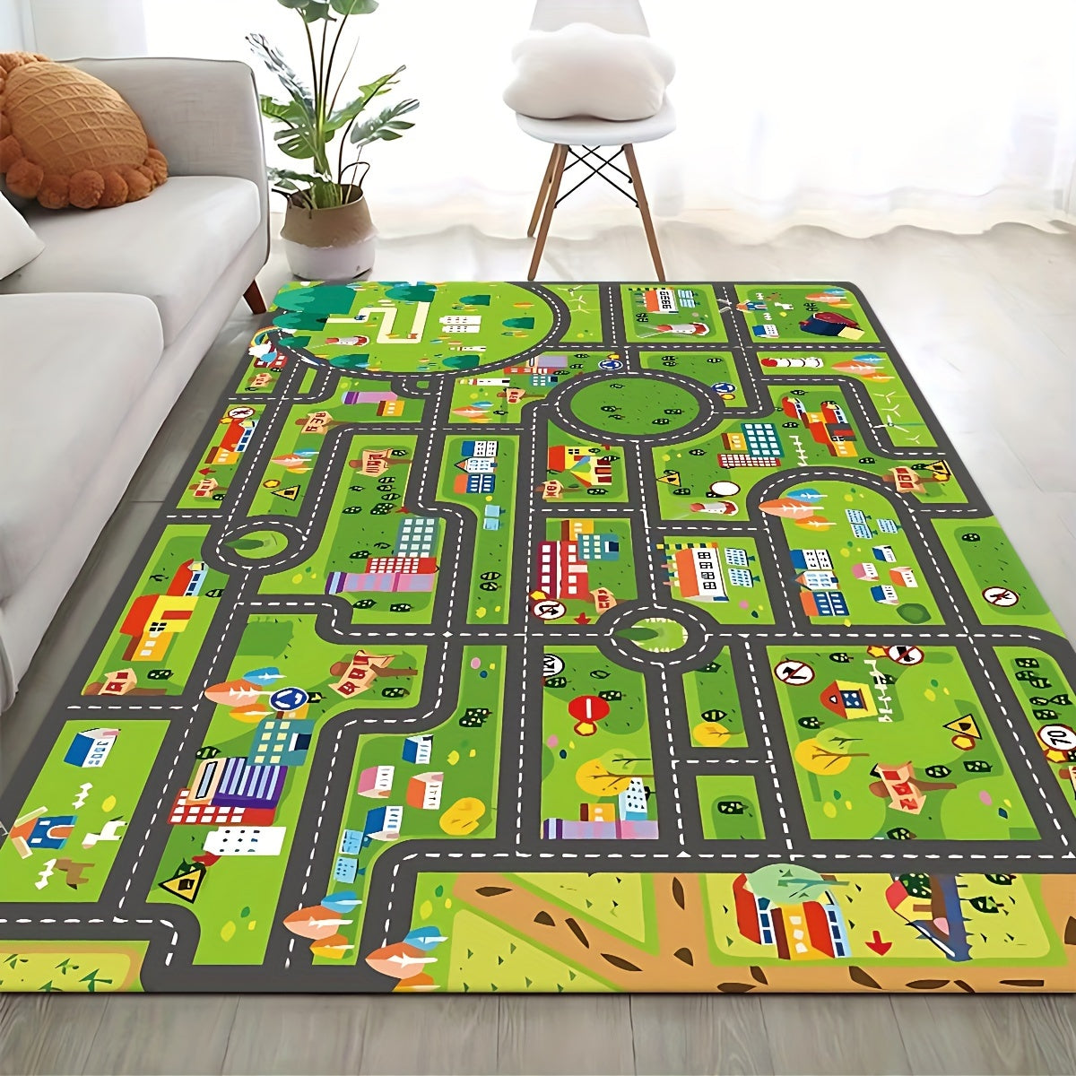 Get ready for exciting adventures with the Urban Roadscape Youngsters' Play Mat! This soft and thick flannel rug provides anti-fatigue support and is perfect for use in the kitchen, bathroom, or living room. With its non-slip design, machine washable