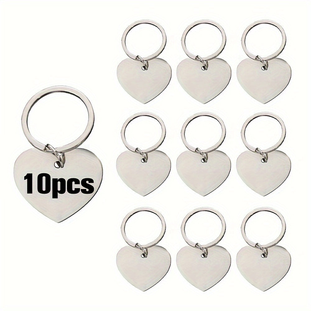 This listing is for a pack of 10 laser-engraved keychains made from double-sided glossy stainless steel in various shapes including round and heart. These keychains are designed to hang securely with a dog's name and other information engraved on the