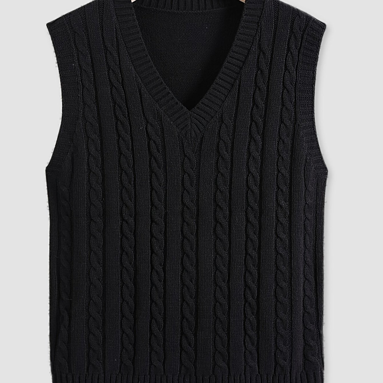 Men's lightweight black cable knit sweater vest is a casual V-neck, sleeveless pullover made from acrylic fabric, suitable for spring/autumn. Also available in plus size.