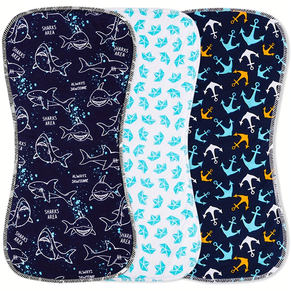 Set of 3 cotton burp cloths for baby boys, designed for extra absorbency and softness. Perfect for newborns, these large-sized cloths are great for catching spit up and keeping baby clean.