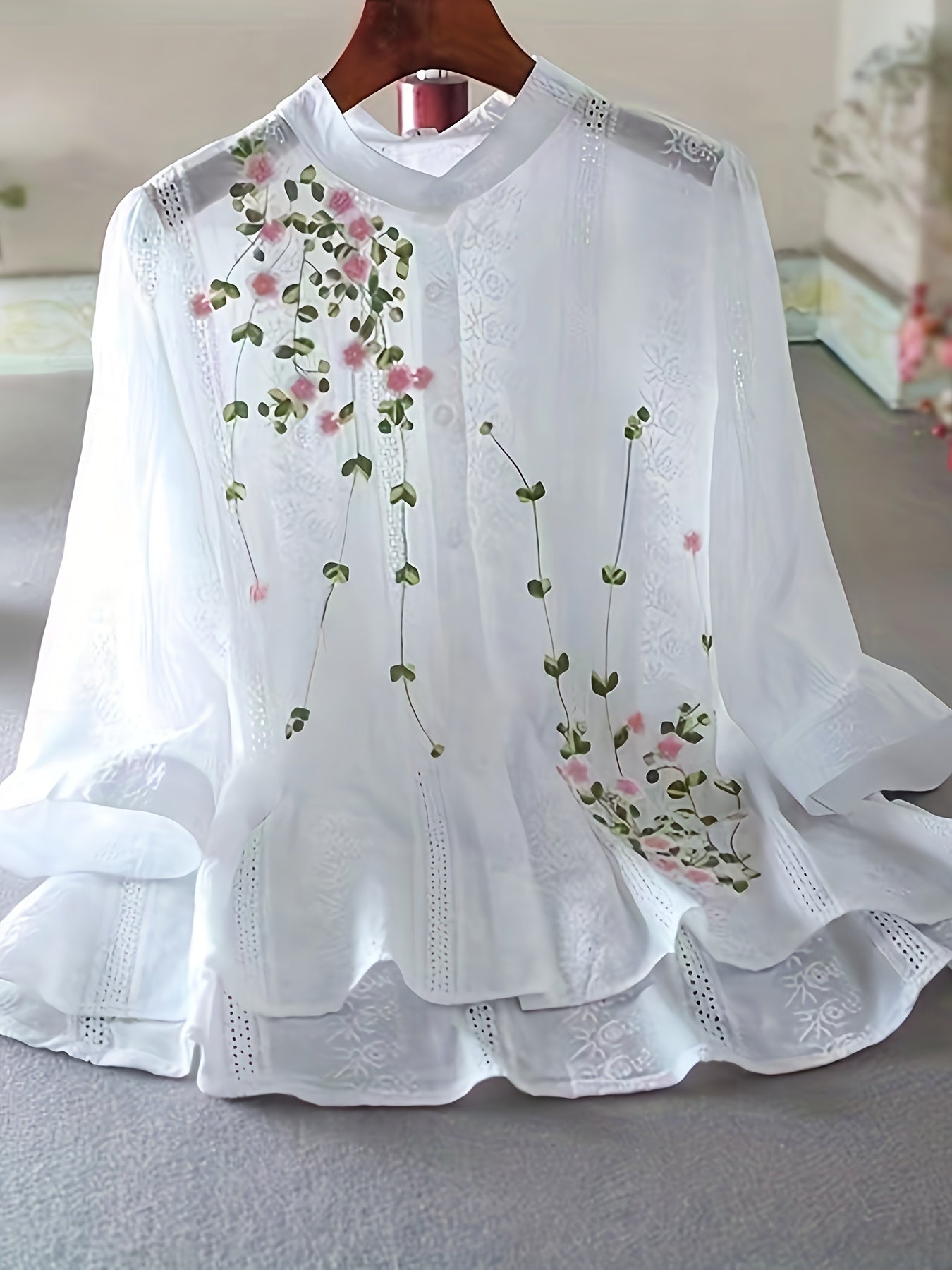 Women's Elegant Floral Blouse in Sheer White with Pink & Green Flowers, Round Neck, Ruffled Cuffs, Ideal for Spring & Summer, Perfect Spring Wardrobe Essential with Feminine Style and