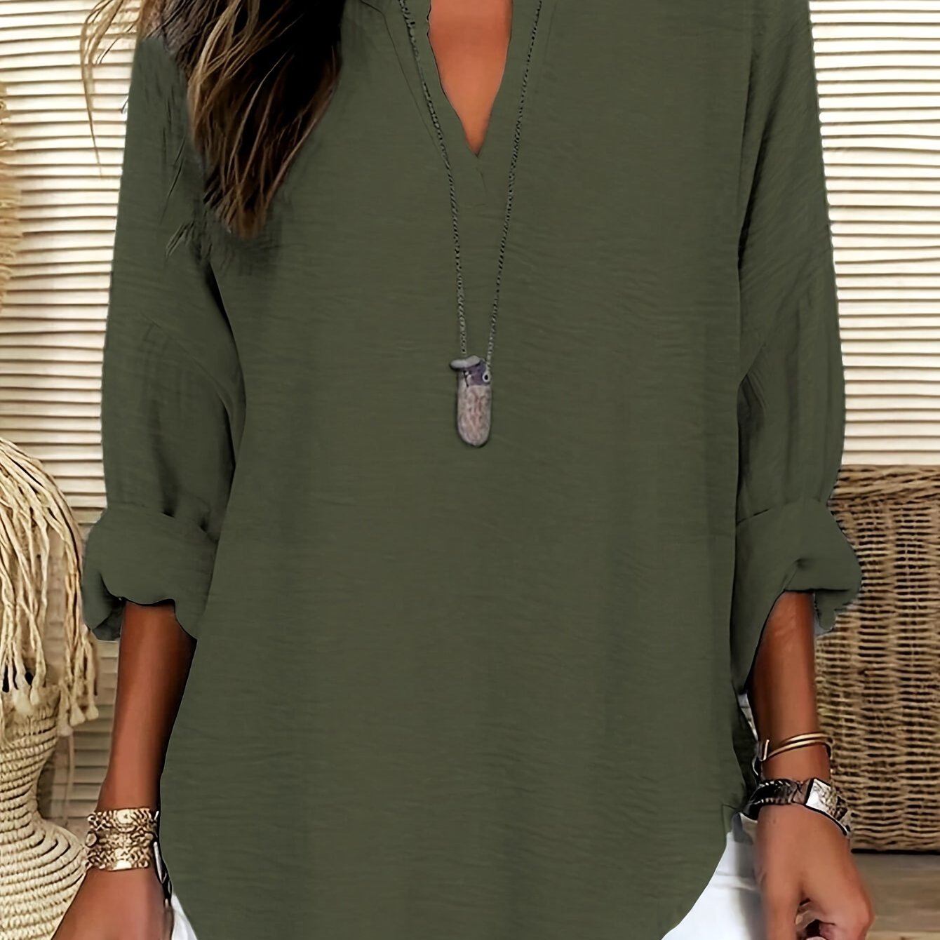 100% Polyester Loose Long Sleeve Blouse with V-Neck and Drop Shoulder - Middle-eastern Style Shirt for Women, Ideal for Spring/Fall Casual Wear.