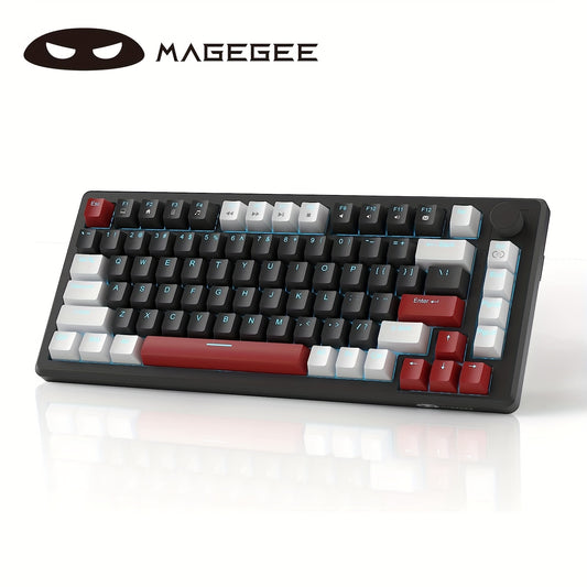 Compact 75% mechanical gaming keyboard with ice blue backlight, yellow switches, ergonomic EVA foam design, knob control, NKRO PC gaming, red & white keycaps, 16 DIY options.