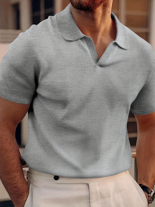 Men's short sleeve casual shirt in a classic waffle knit with a comfortable collar and simple solid color design for outdoor leisure.