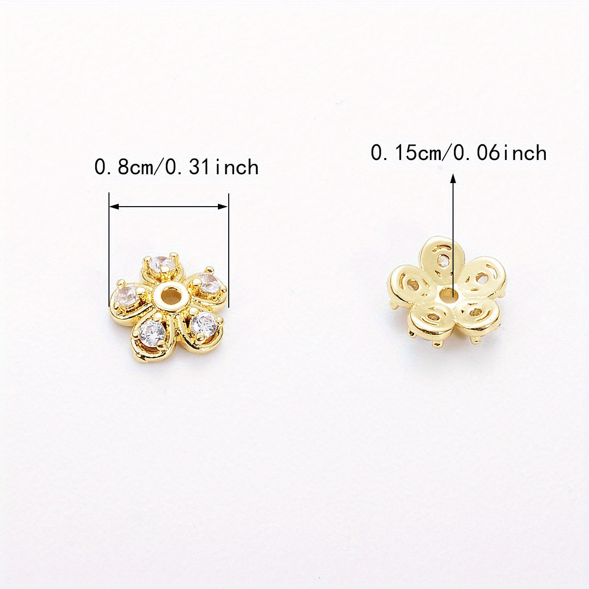 Brass Flower Bead Caps with Synthetic Cubic Zircons - Set of 20 pieces in a bag, including 10mm, 8mm, and 6mm sizes. Perfect for creating stunning jewelry pieces.