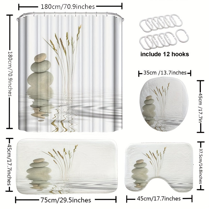 4-piece stone print shower curtain set includes a waterproof curtain, non-slip rugs, toilet lid cover, bath mat, and 12 hooks. The set measures 180x180cm.