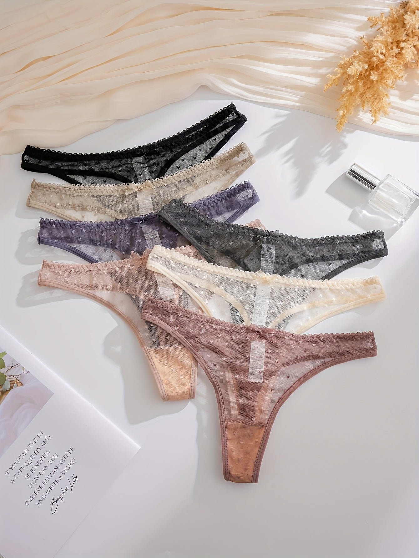 7 Bow Heart Mesh Thongs: Sexy, Breathable Intimates for Women