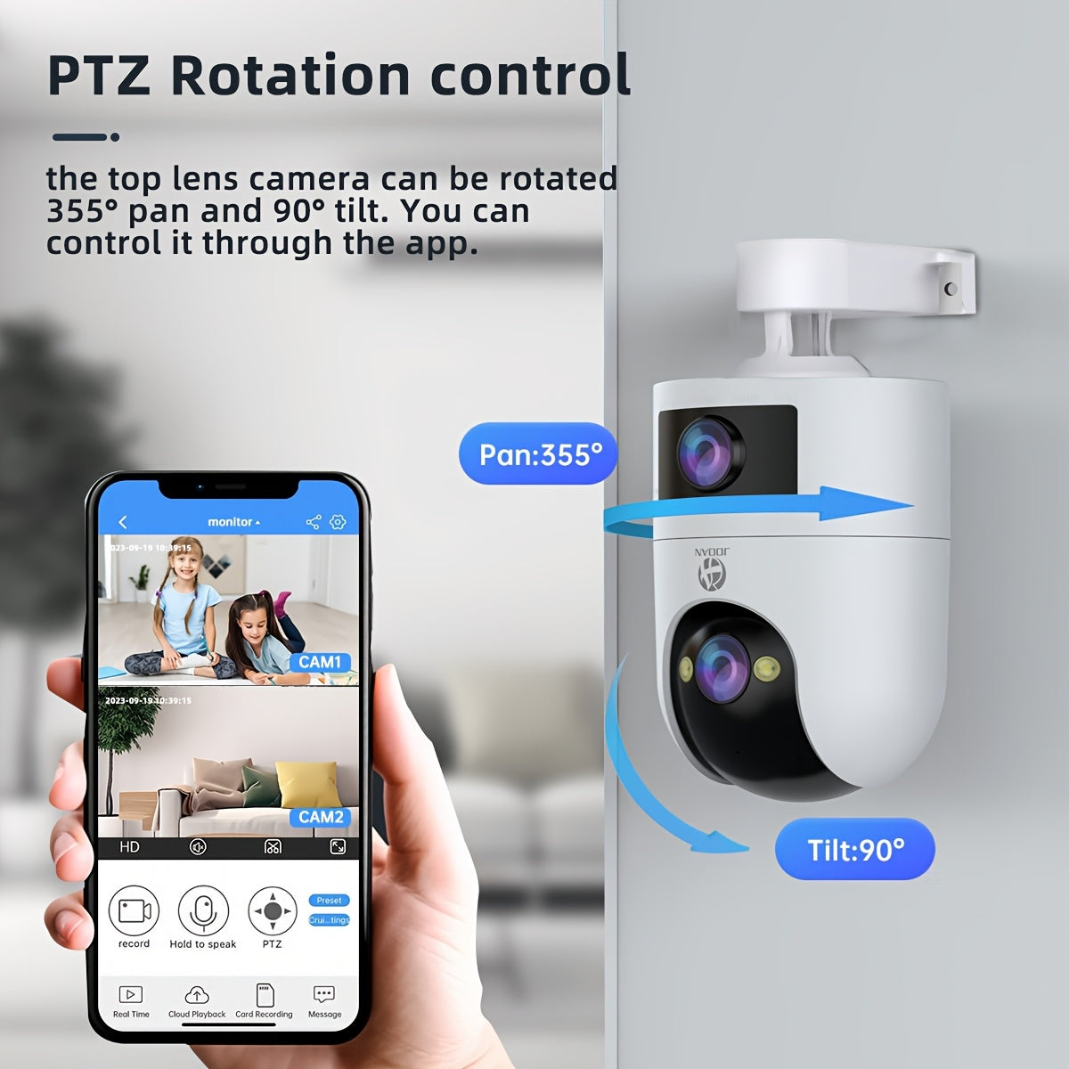 Introducing the JOOAN 1296p FHD PTZ Camera, a state-of-the-art security monitor equipped with dual-lens technology, 2-way audio, auto-tracking, wall hanging capabilities, smartphone app control, and both 2.4G and 5G WiFi compatibility. This camera is USB