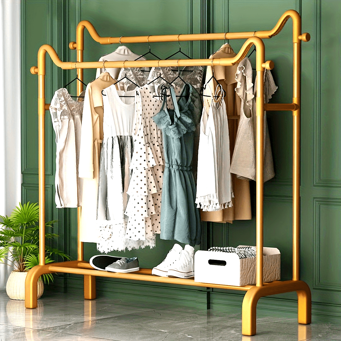 Metal coat rack with a foldable design and dual hat hanging ends. Ideal for organizing clothes, hats, shoes, and accessories in the home bedroom. Saves space and requires no assembly.