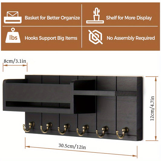 Деревянный настенный держатель для ключей с органайзером для почты и подносом, легкий в установке, деревенский декор для различных комнат, включает настенные крючки для ключей и аксессуаров.