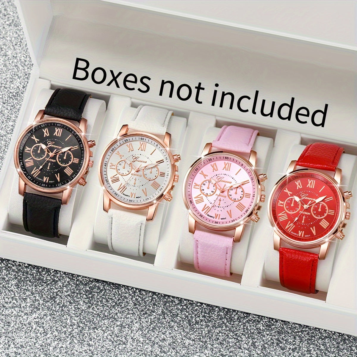 4pcs/set Black, white, pink fashion quartz watch with Roman scale dial for women does not include watch box.