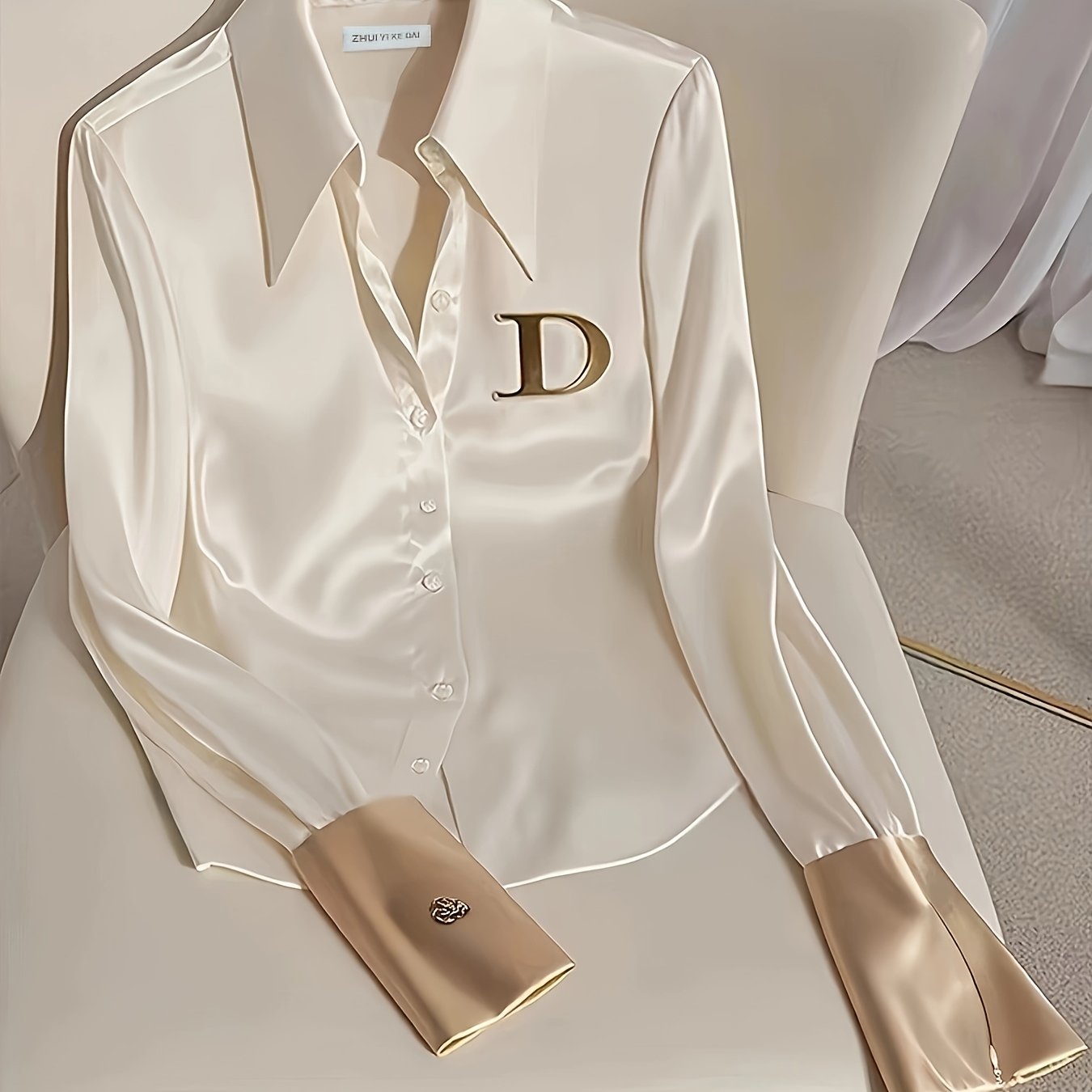 Stylish Women's Polyester Shirt with Wide Collar, Alphabet Embellishments, Metallic Accents, and Zipper Detail - Perfect for Office Wear in Spring/Summer/Fall