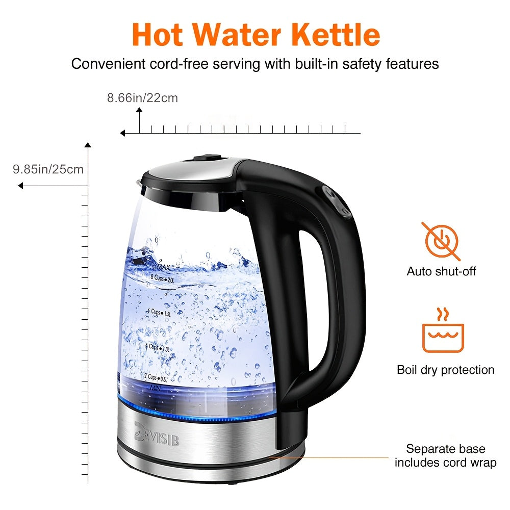 DEVISIB 2.0L Electric Glass Kettle - 2200W Fast Boiling, LED Indicator, Removable Filter, Auto Shut-Off & Boil-Dry Protection, Ideal for Coffee, Tea & Hot Water, Matte Black