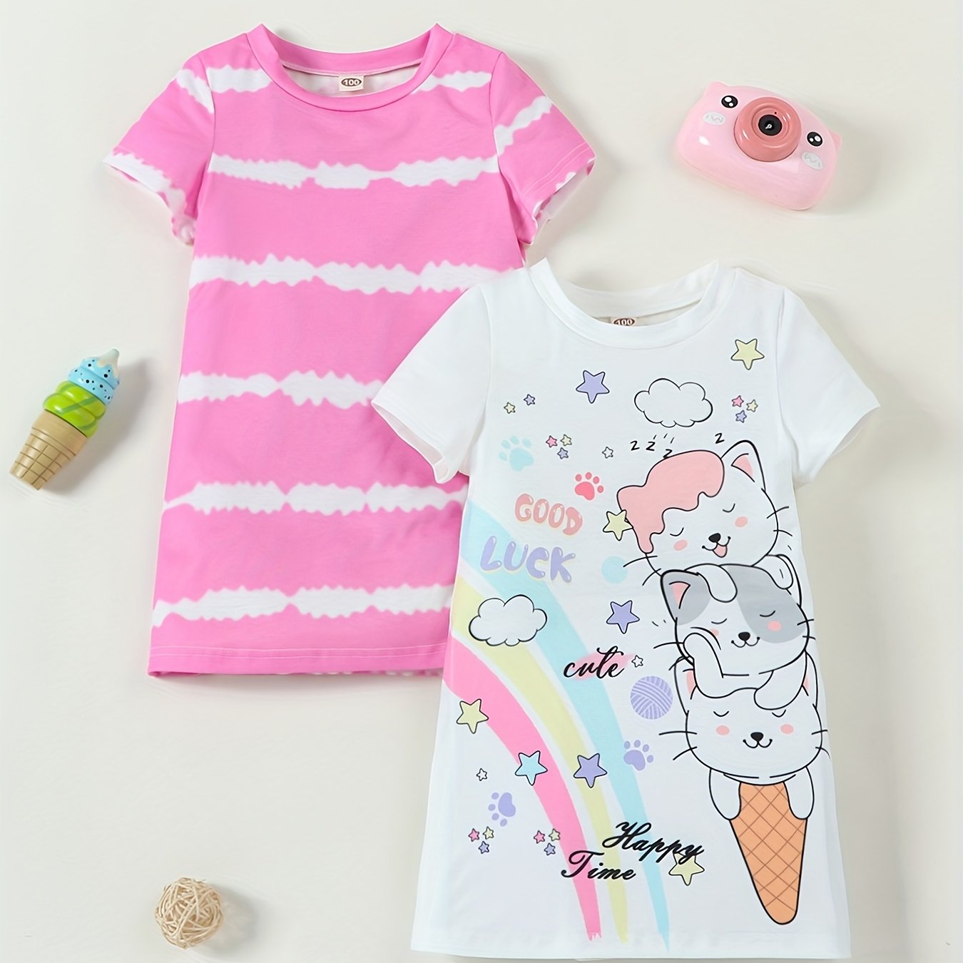 Girls' cat print dress set with round neck and matching t-shirt, ideal for summer casual wear