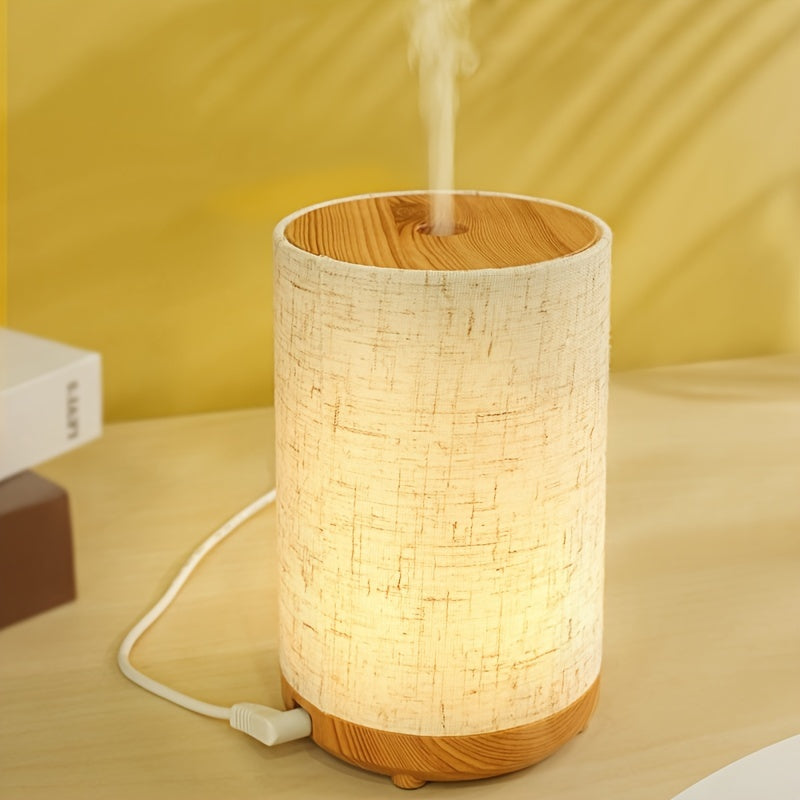 Textured fabric & wooden air humidifier with aromatherapy diffuser, essential oil addition, air purification, auto shut-off, USB powered; ideal for home, bedroom, office, travel gift.