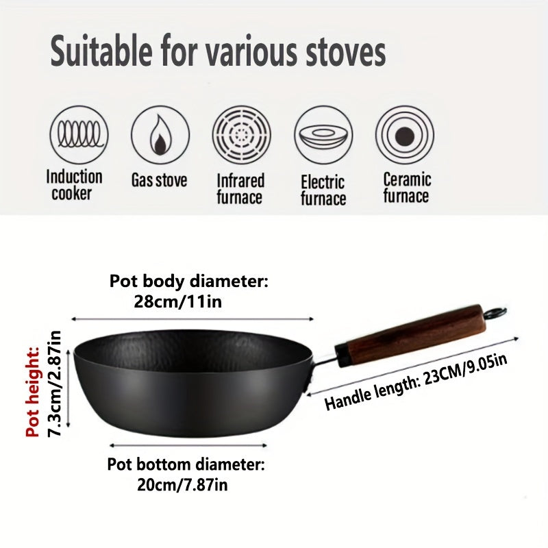 Durable Cast Iron Wok - 27.94cm Hammered Non-Stick Deep Frying Pan, Hand-Forged for Induction, Gas, Electric, and Halogen Cookers - Versatile Kitchen Cookware