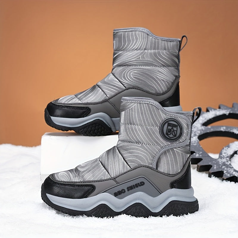 Winter snow boots for kids with warm fleece lining, high-top, non-slip sole, and hook-and-loop closure - cozy and stylish for boys and girls.